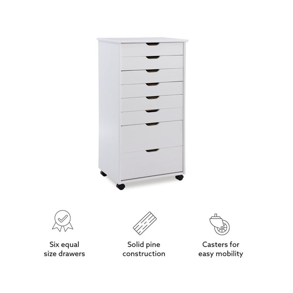 Pemberly Row 8-Drawer Transitional Wood Storage Cart in White Wash