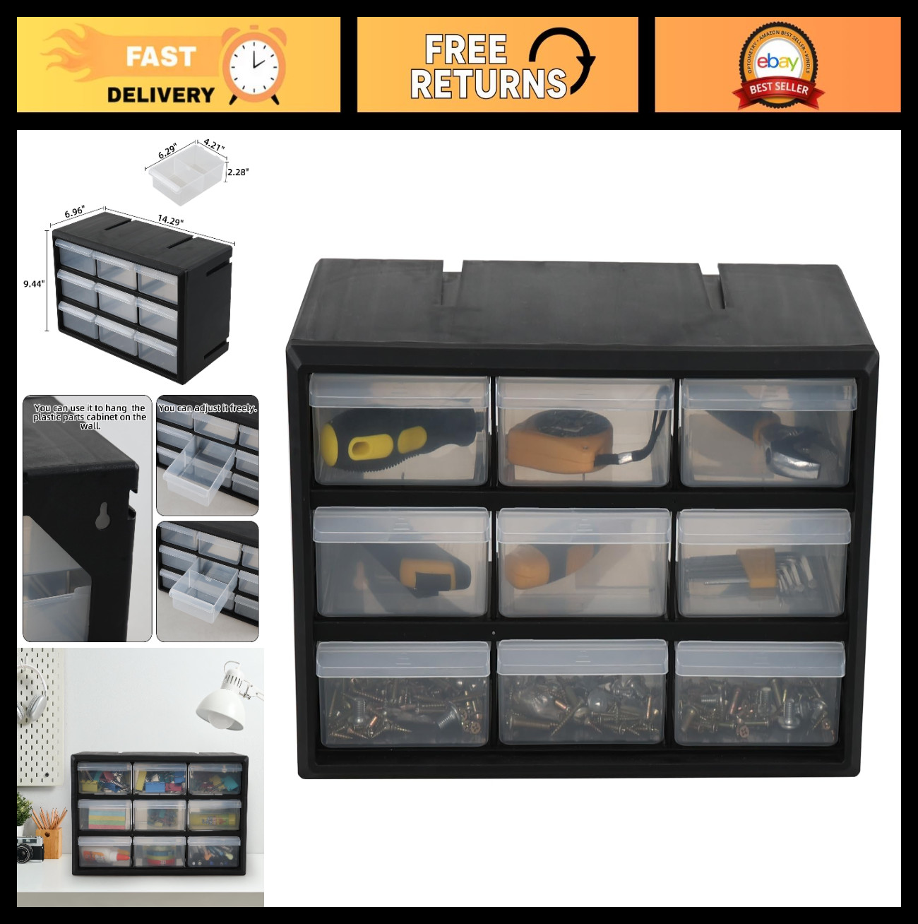 9-Drawer Plastic Storage Cabinet – Wall Mountable Organizer for Crafts & Hardwar