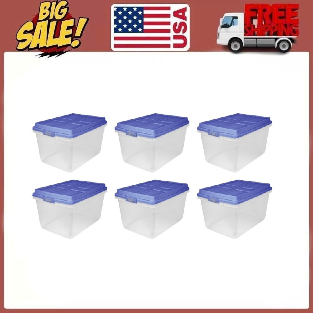 Hefty 72 Qt Clear Plastic Storage Bin Blue HI-RISE Lid 6-Pack