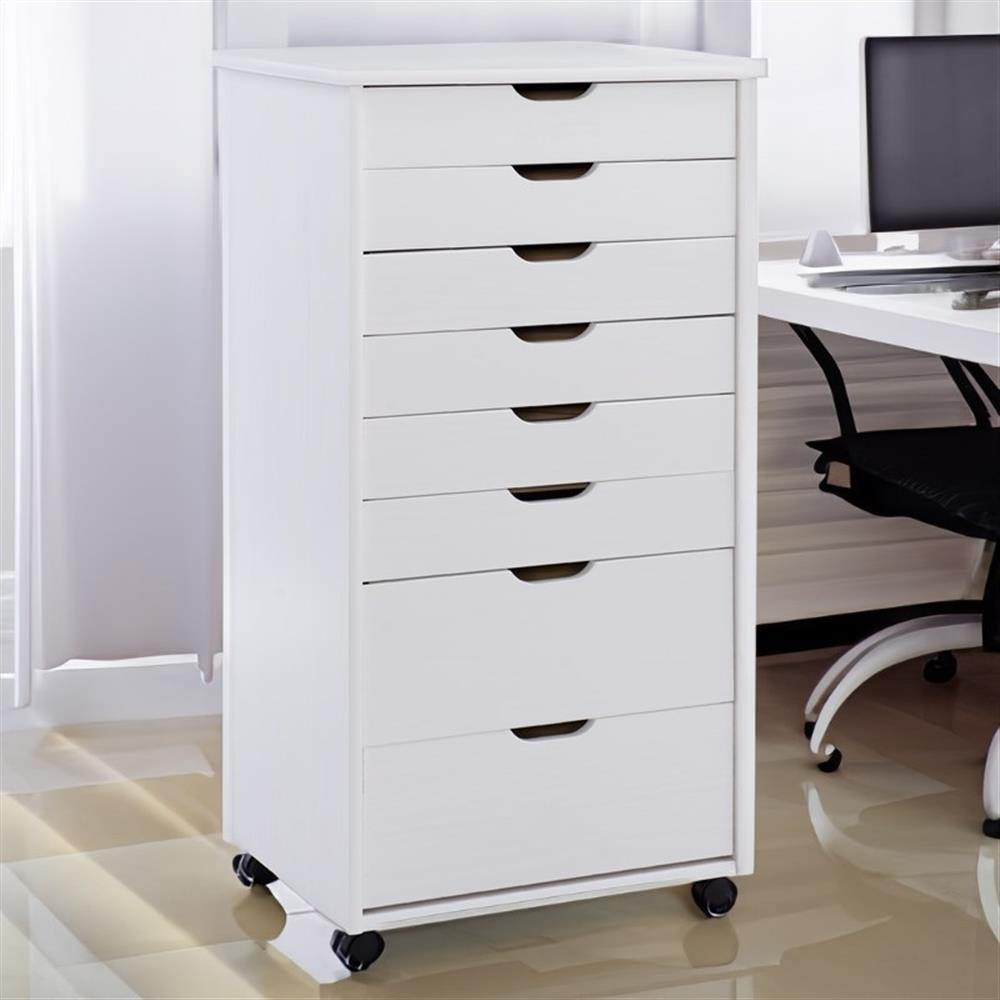 Pemberly Row 8-Drawer Transitional Wood Storage Cart in White Wash