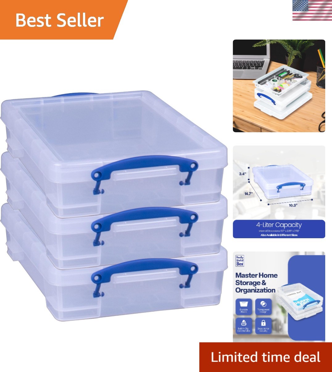 4-Liter Stackable Plastic Storage Containers – 3 Pack with Clip Lock Handles