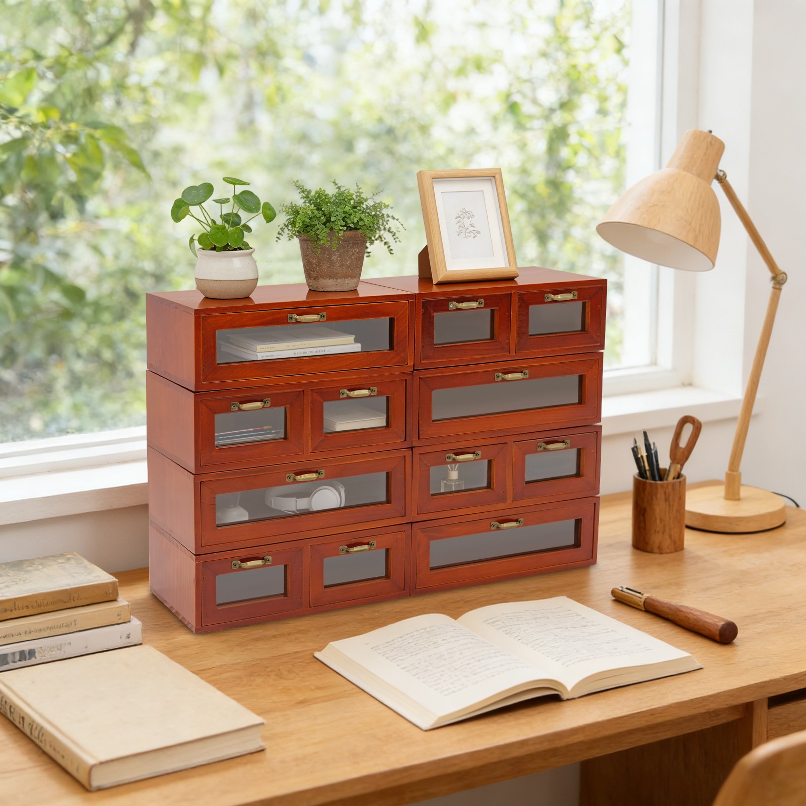Vintage Wood Stackable Storage Box, Multi-Drawer Desktop Organizer W/ Handles