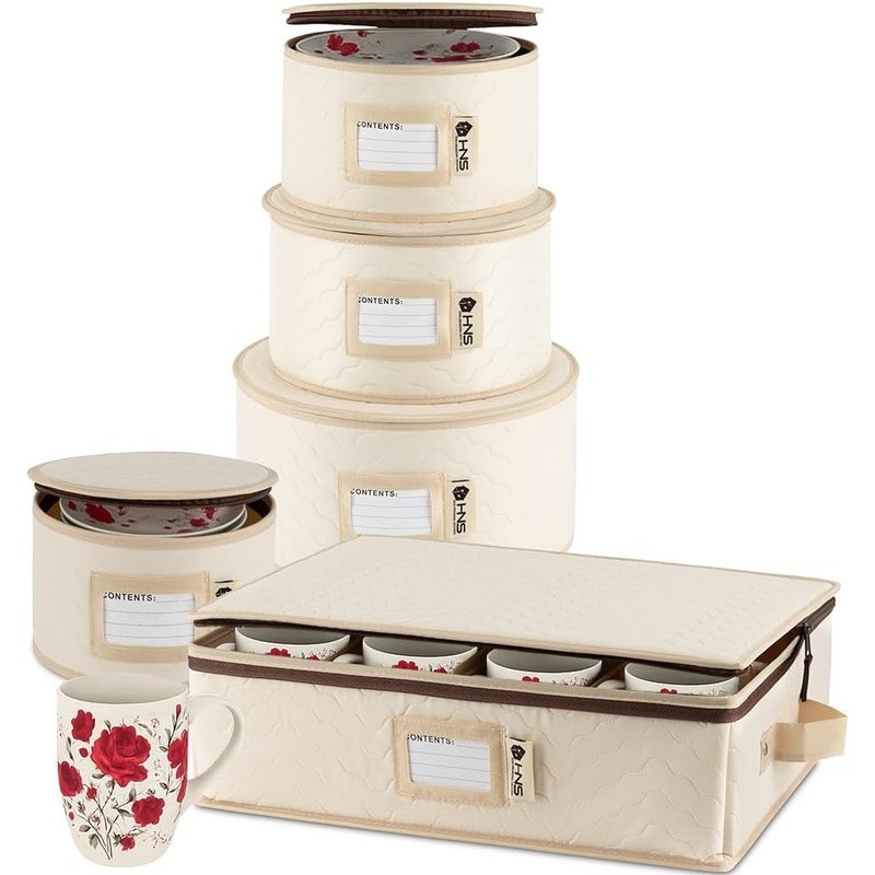 Stackable Hard Shell Dishware Storage Containers W/ Padded Dividers 5 Pack New