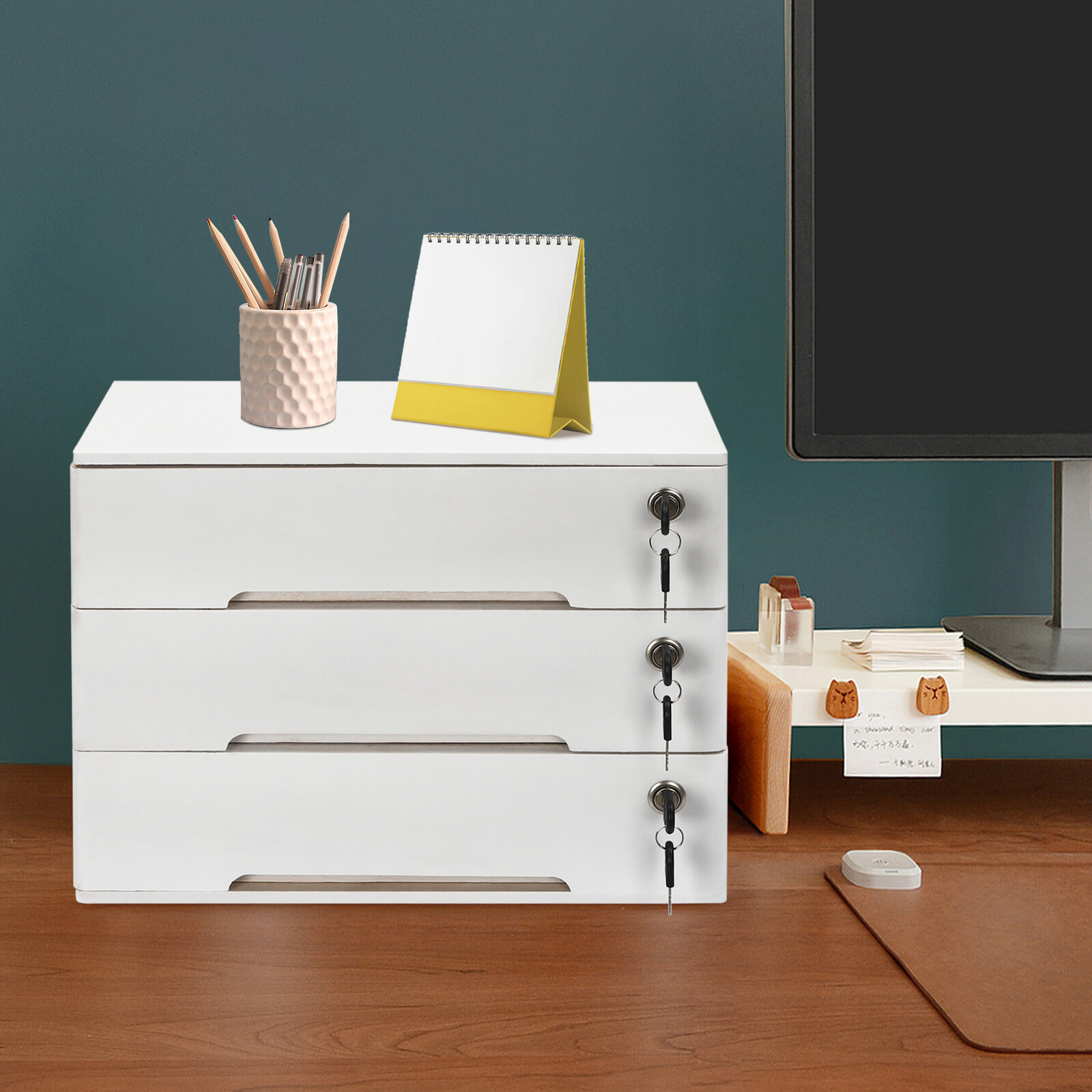 Wooden Desktop Storage Box with Lockable Drawers, Office Supplies File Organizer