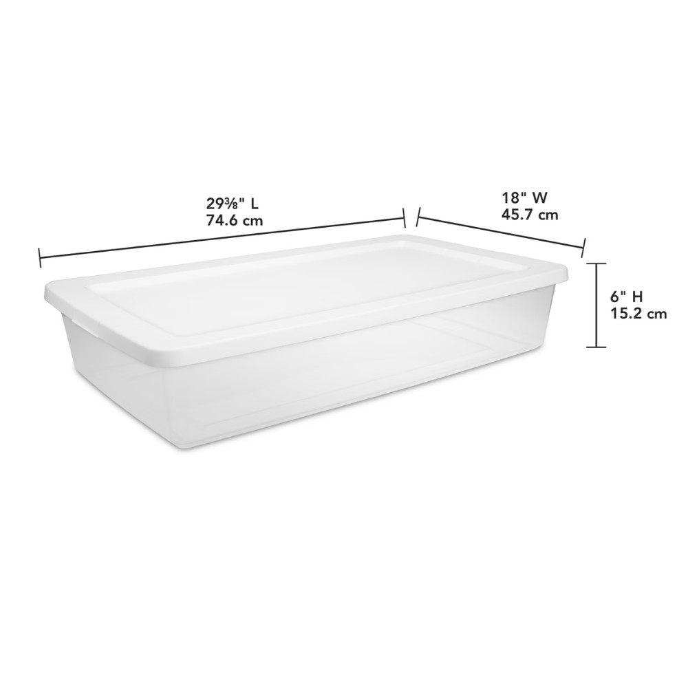 Sterilite 41 Qt Clear Plastic Storage Box Bin, Snap On Lid White Organizer 4Pack