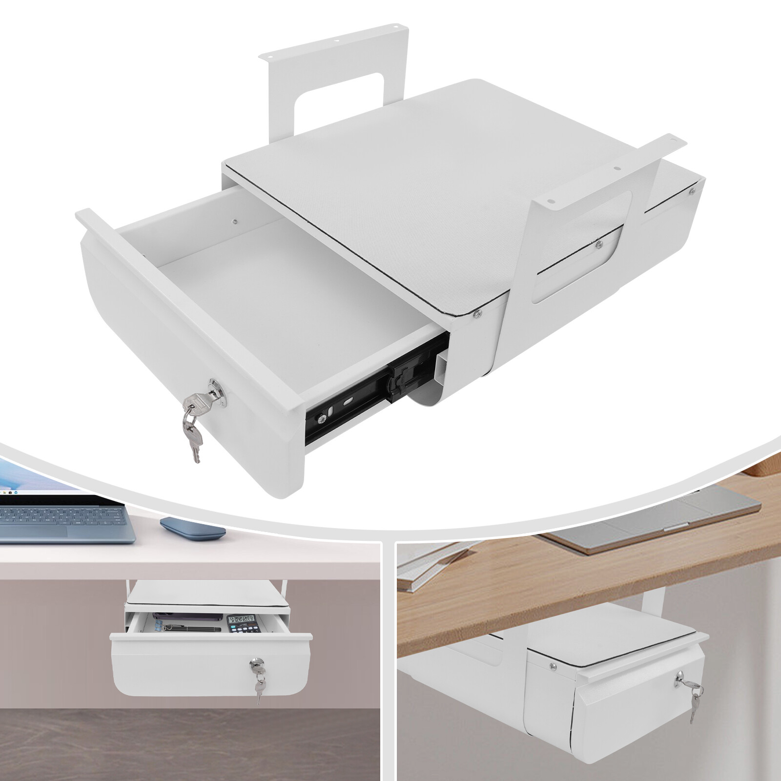 13” Under Desk Pull-Out Drawer Lockable Sliding Storage Drawer White With Lock