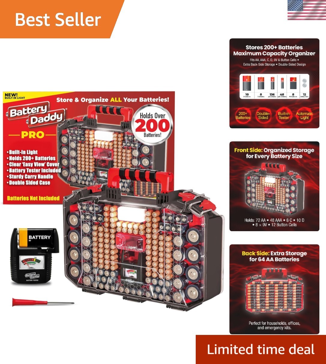 Battery Daddy Storage & Organizer Case w/Light and Tester, Stores & Protects …