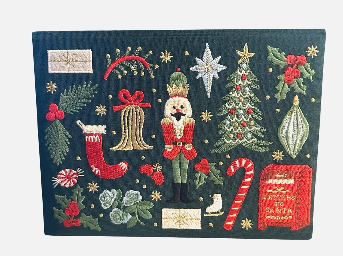 Rifle Paper Co. Embroidered Holiday Christmas Green Keepsake Card Box Santa