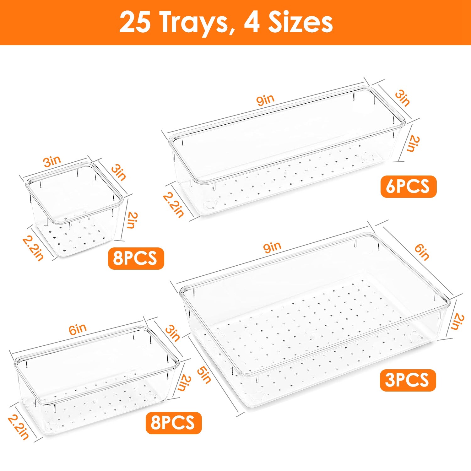 25PCS Clear Plastic Drawer Organizer Set Makeup Jewelry Kitchen Bedroom Office