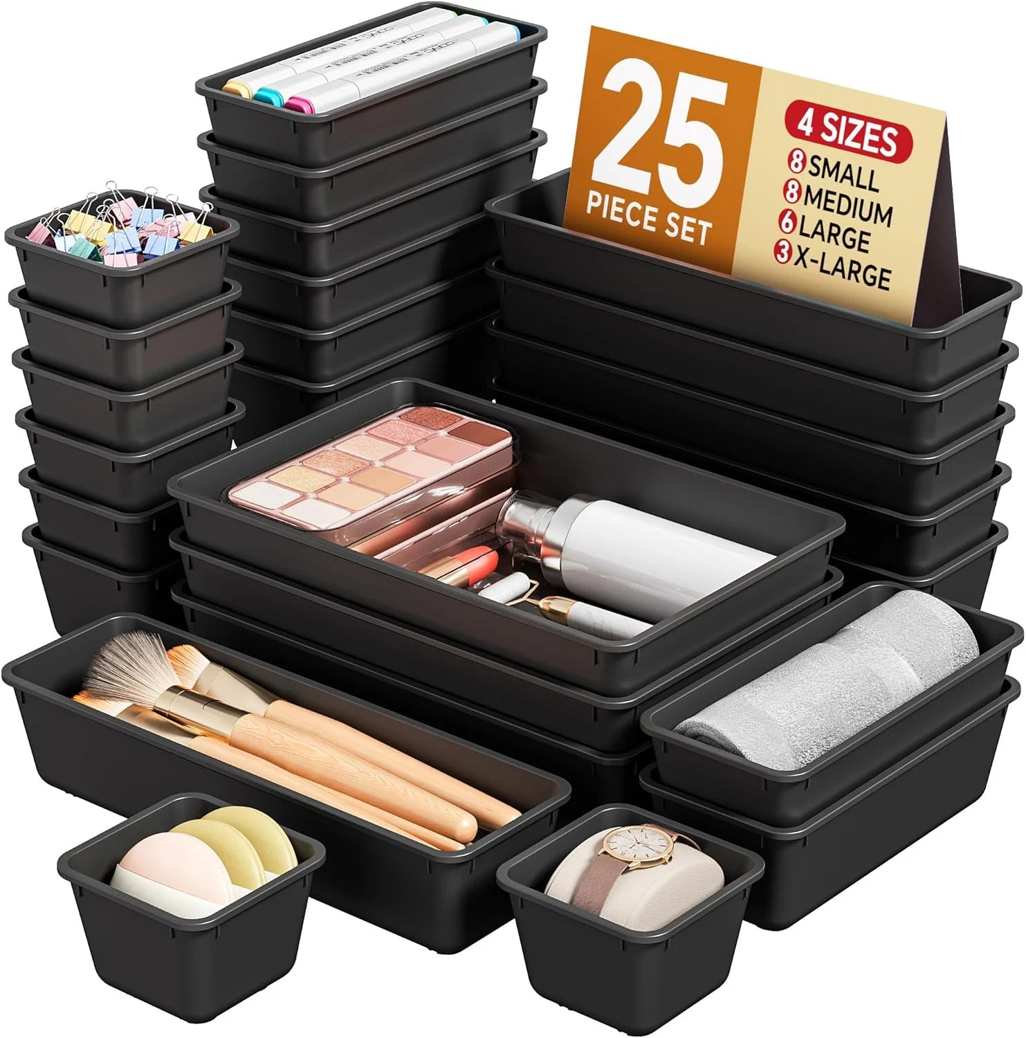 25 Pack Plastic Drawer Organizers 4 Size Storage Bins Makeup Desk Kitchen Divide