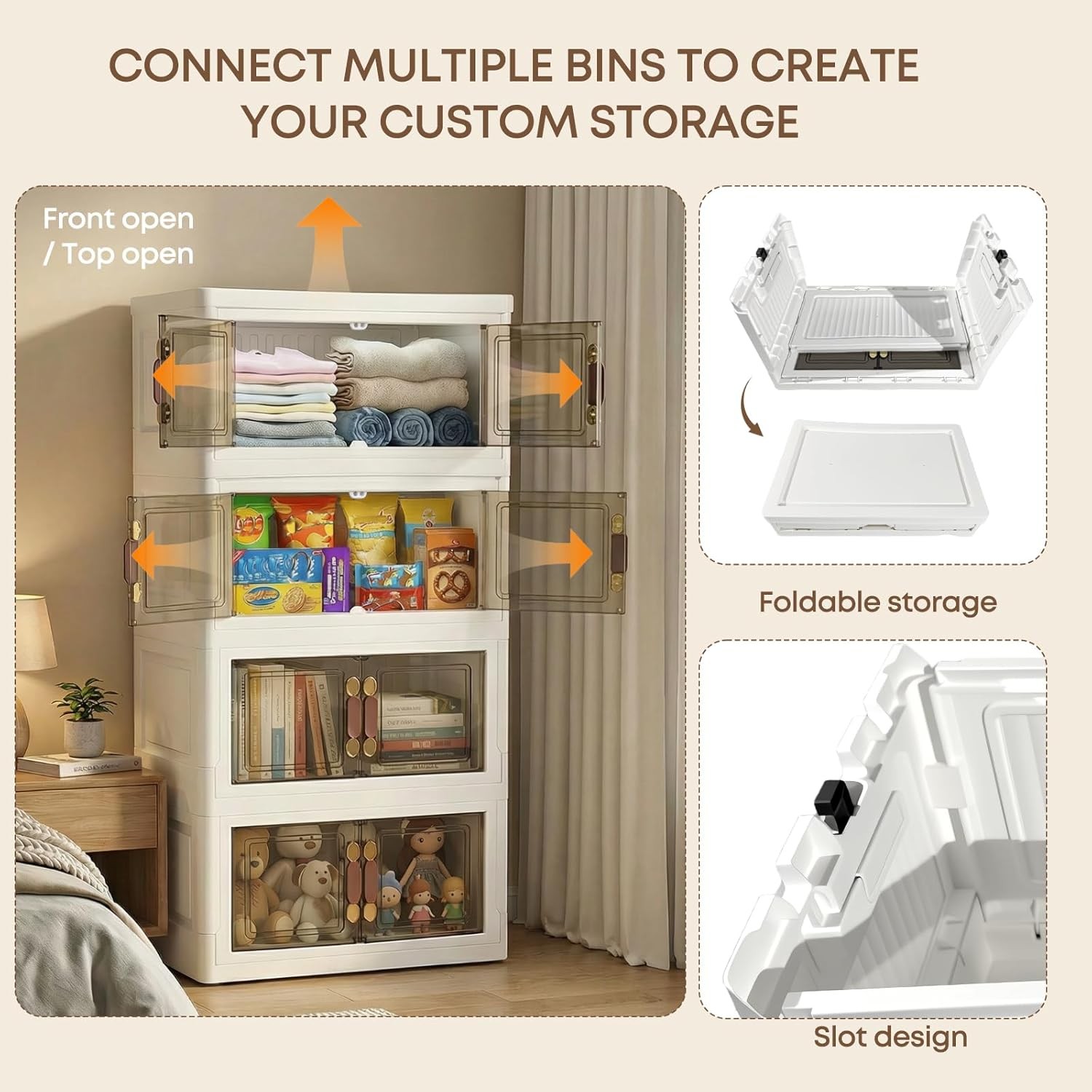 140QT Stackable Plastic Storage Bins W/ Lid & Handles Foldable Collapsible