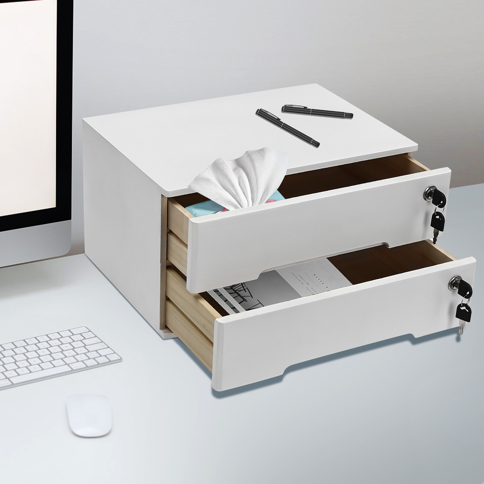 Compact Lockable 2-Drawer Wooden Desktop Storage Cabinet with Keys