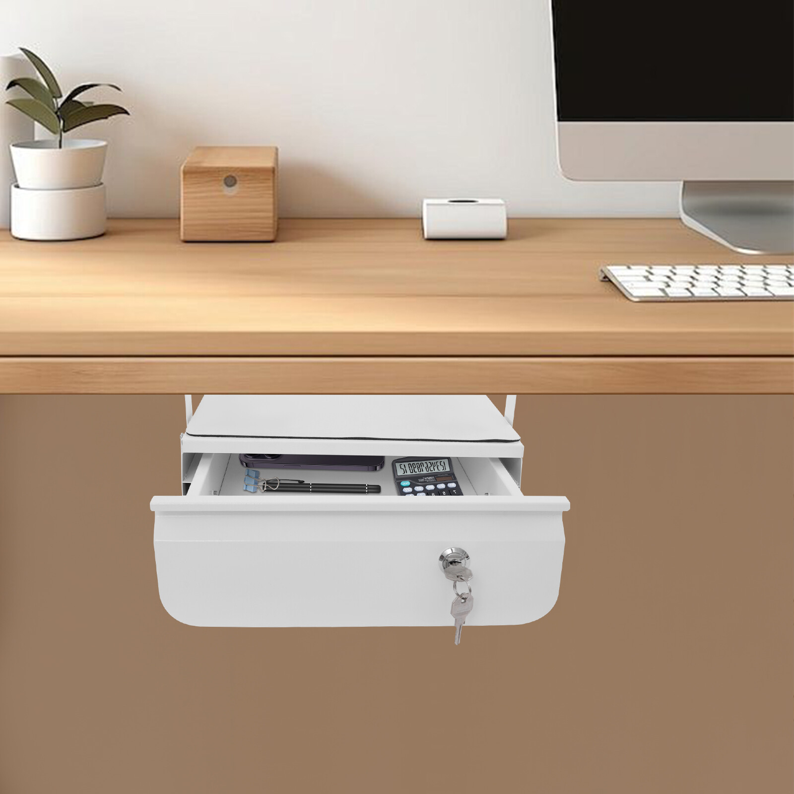 13” Under Desk Pull-Out Drawer Lockable Sliding Storage Drawer White With Lock