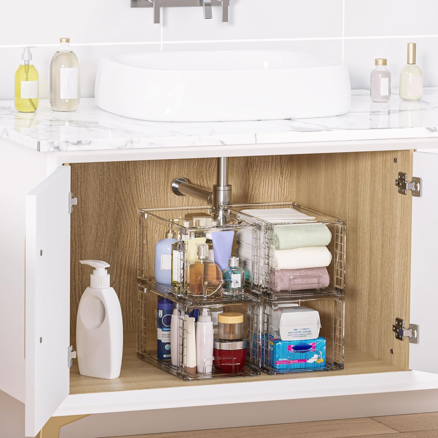 4 Pack Large Stackable Storage Drawers,Easily Assemble Acrylic Bathroom Closet U