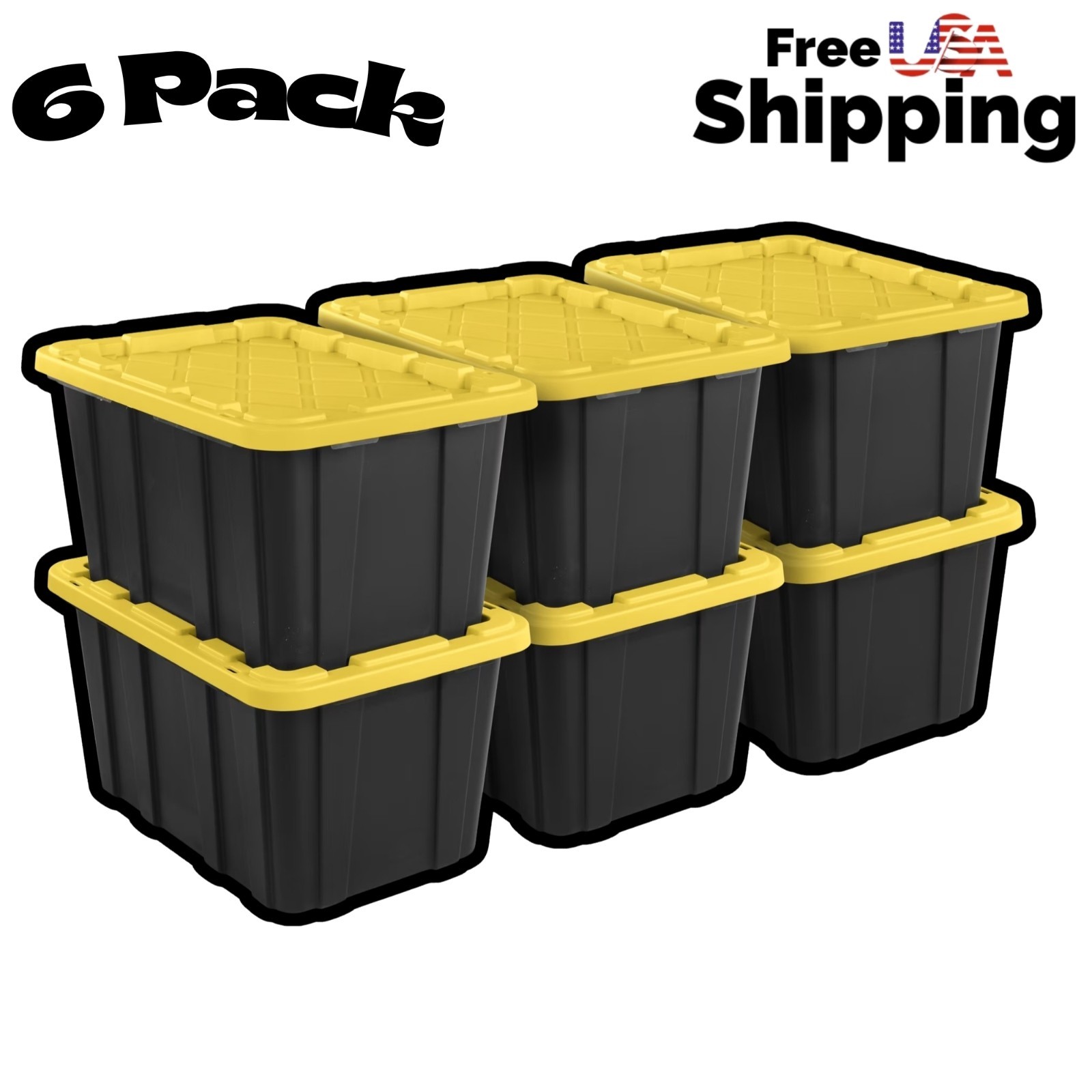 27-Gal Heavy-Duty Storage Totes w/ Snap Lid, Black/Yellow 6-Pack