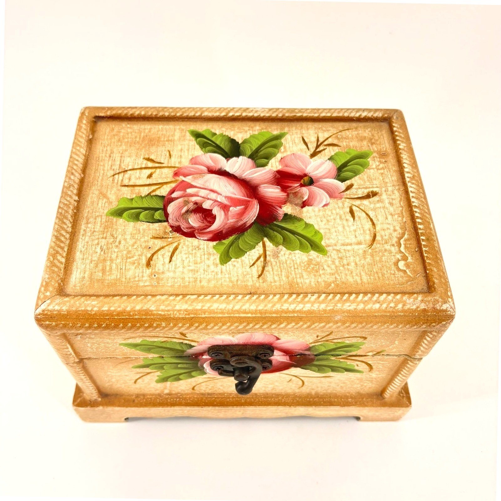 Vtg 90s Cottagecore Hand Painted Floral Trinket Box Wood Keepsake Chest w/ Clasp