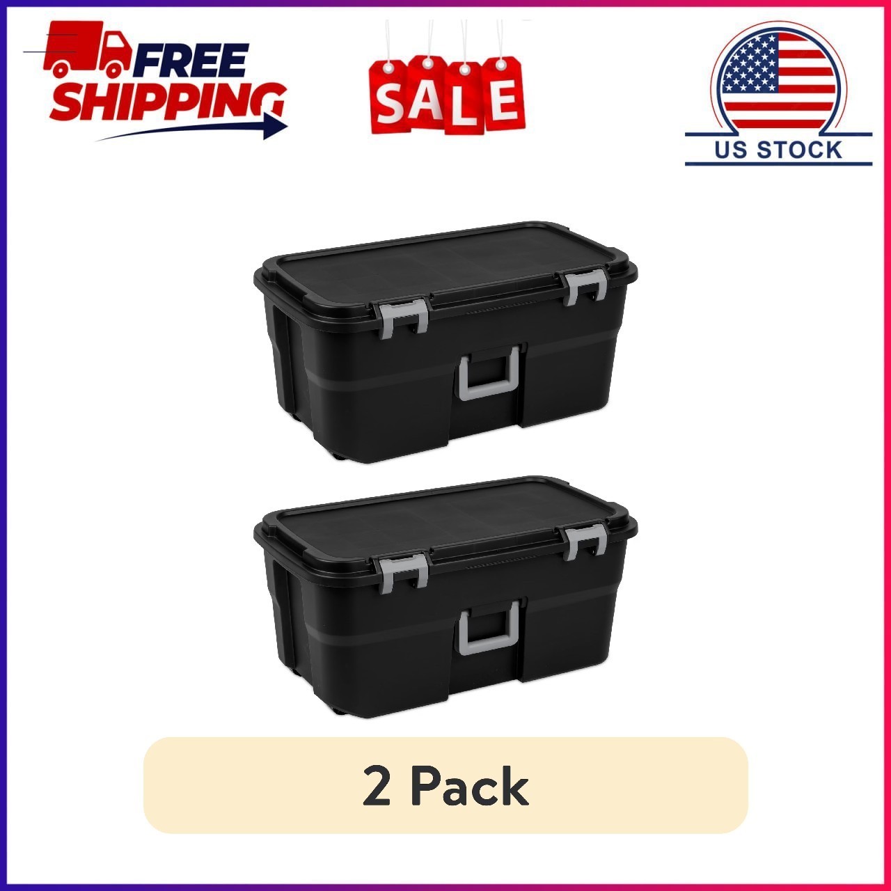 (2 pack) Sterilite 22 Gallon Large Wheeled Footlocker, Heavy Duty Plastic Storag
