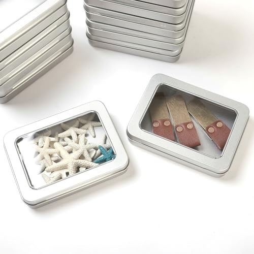 12 Pack Rectangular Metal Storage Tins with Clear Hinged Lids for Crafts, 4.5&Prime;x3