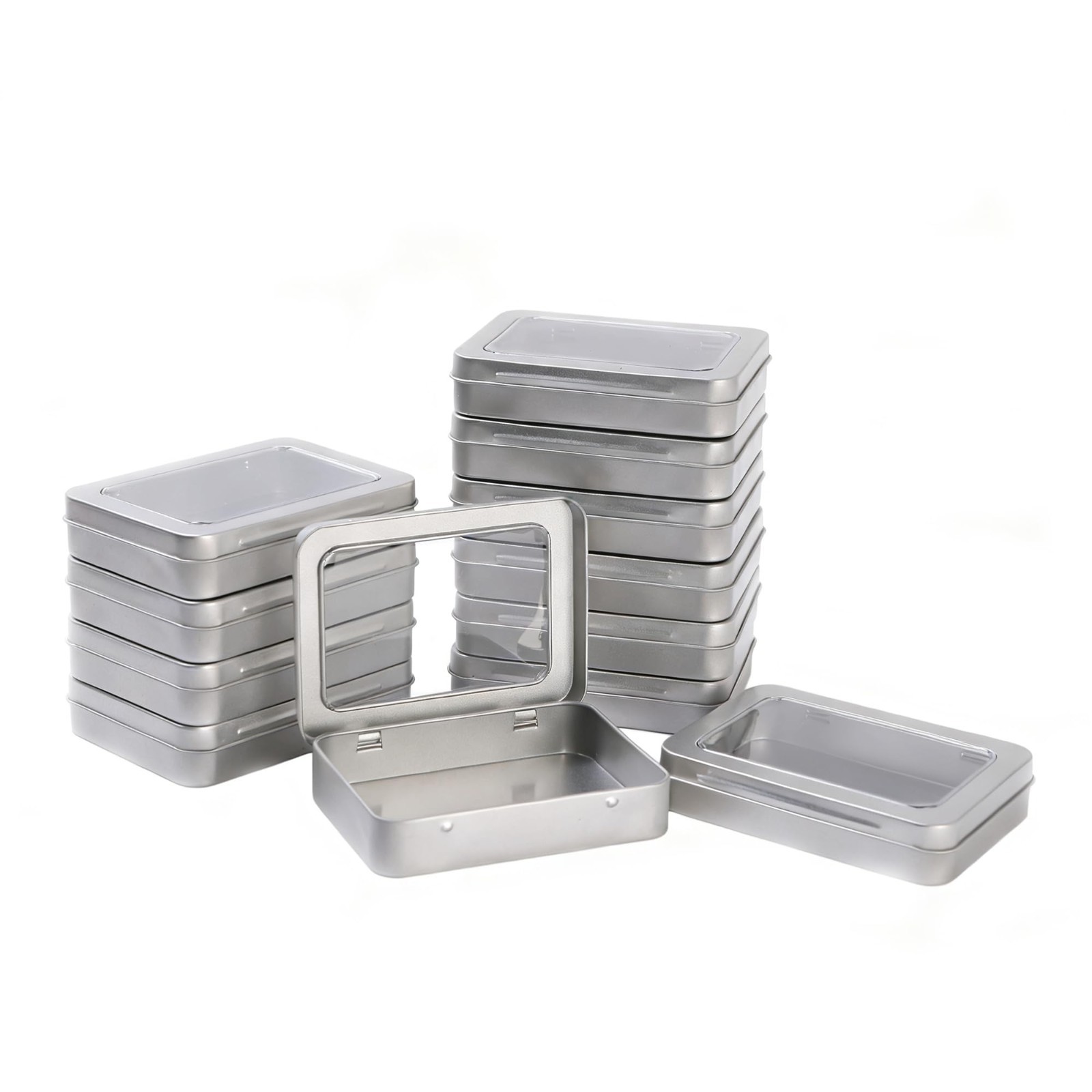 12 Pack Rectangular Metal Storage Tins with Clear Hinged Lids for Crafts, 4.5&Prime;x3