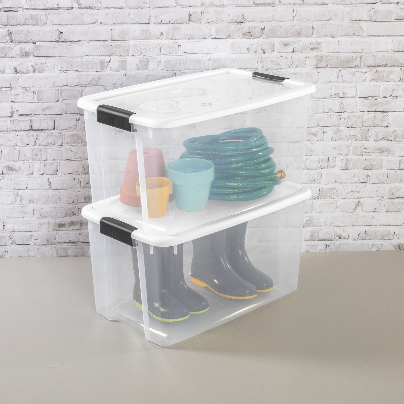 Sterilite 70 Qt Clear Plastic Stackable Storage Bin w/ White Latch Lid, 12 Pack