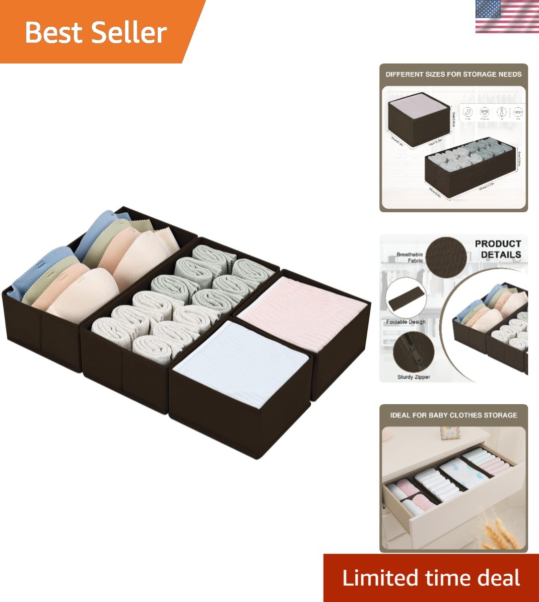 Durable and Portable Fabric Drawer Organizers – 4 Foldable Storage Bins in Brown
