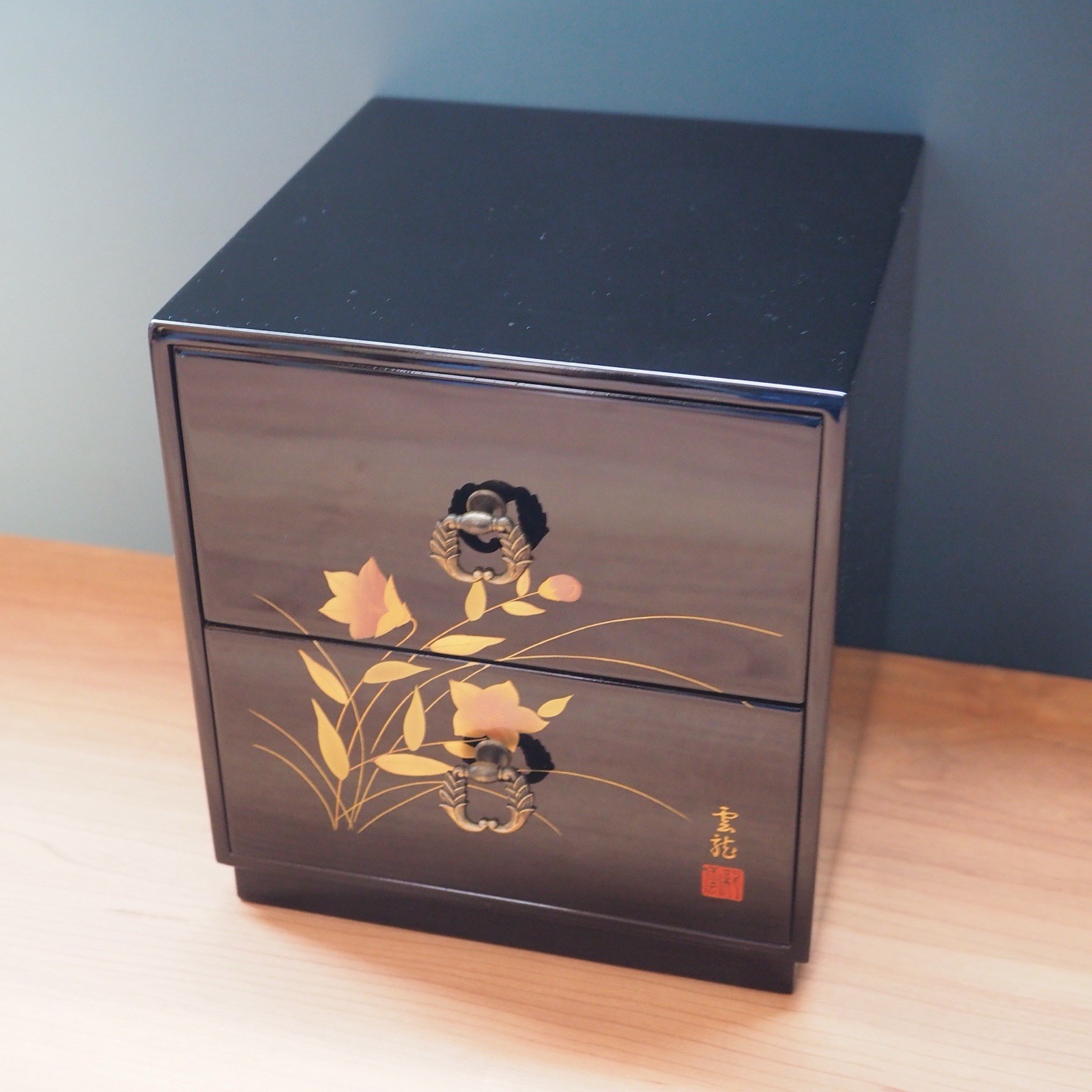 Japanese Shikkou Lacquer Mini Chest Tansu Drawer Gold Flower Floral Jewelry Case