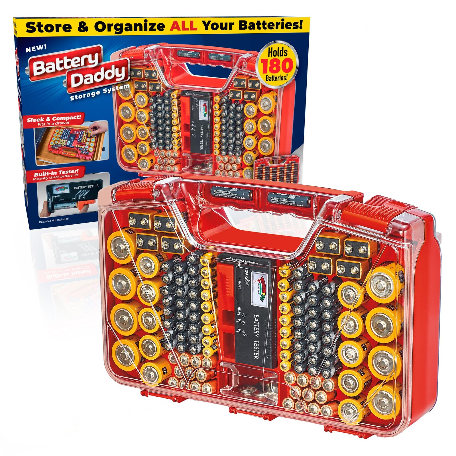 Ontel Battery Daddy Storage & Organizer Case Original – 180 Batteries, Red