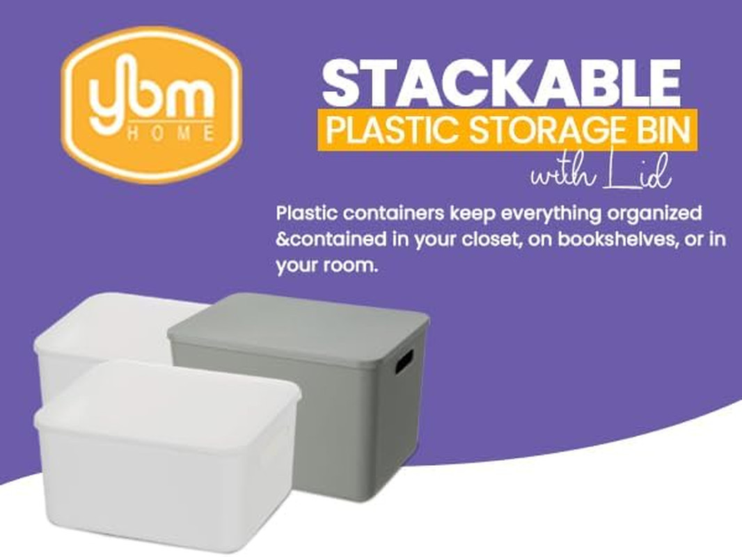 Stackable Grey Plastic Storage Bin with Lid for Home & Office Organization