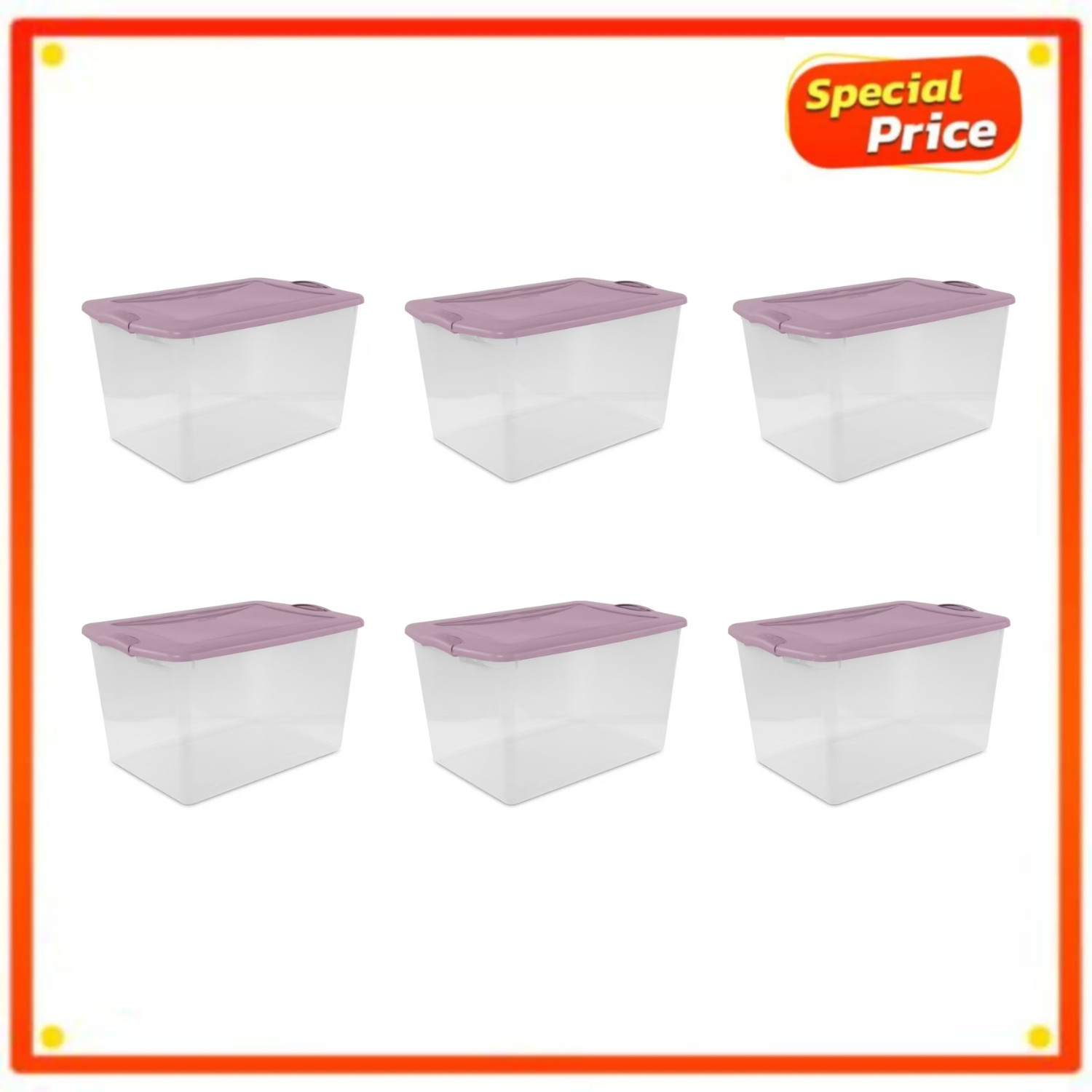 Sterilite 66 Qt Storage Bin Clear Latch Lid Lilac 6 Pack