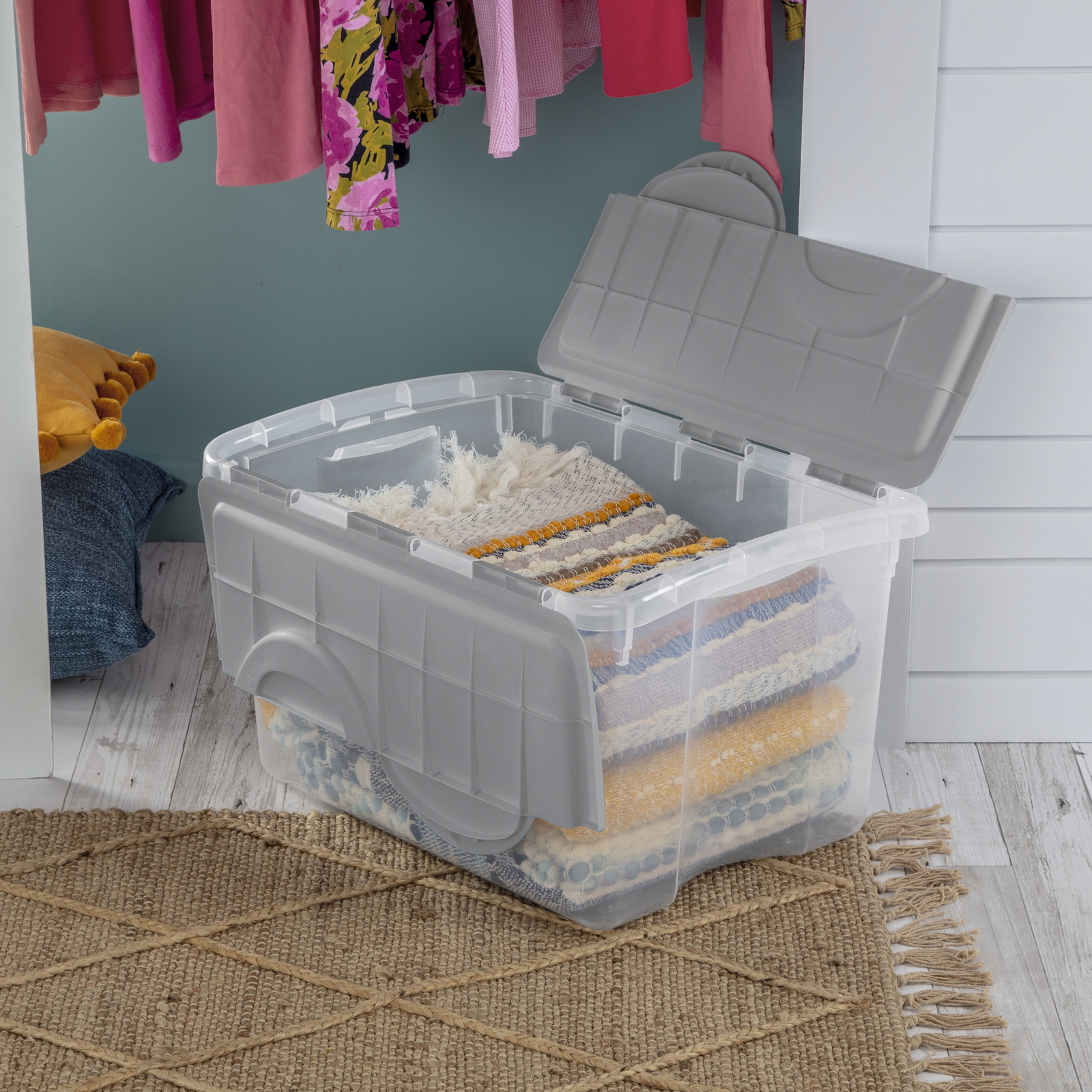 48 Qt. Hinged Lid Storage Box Plastic, Titanium