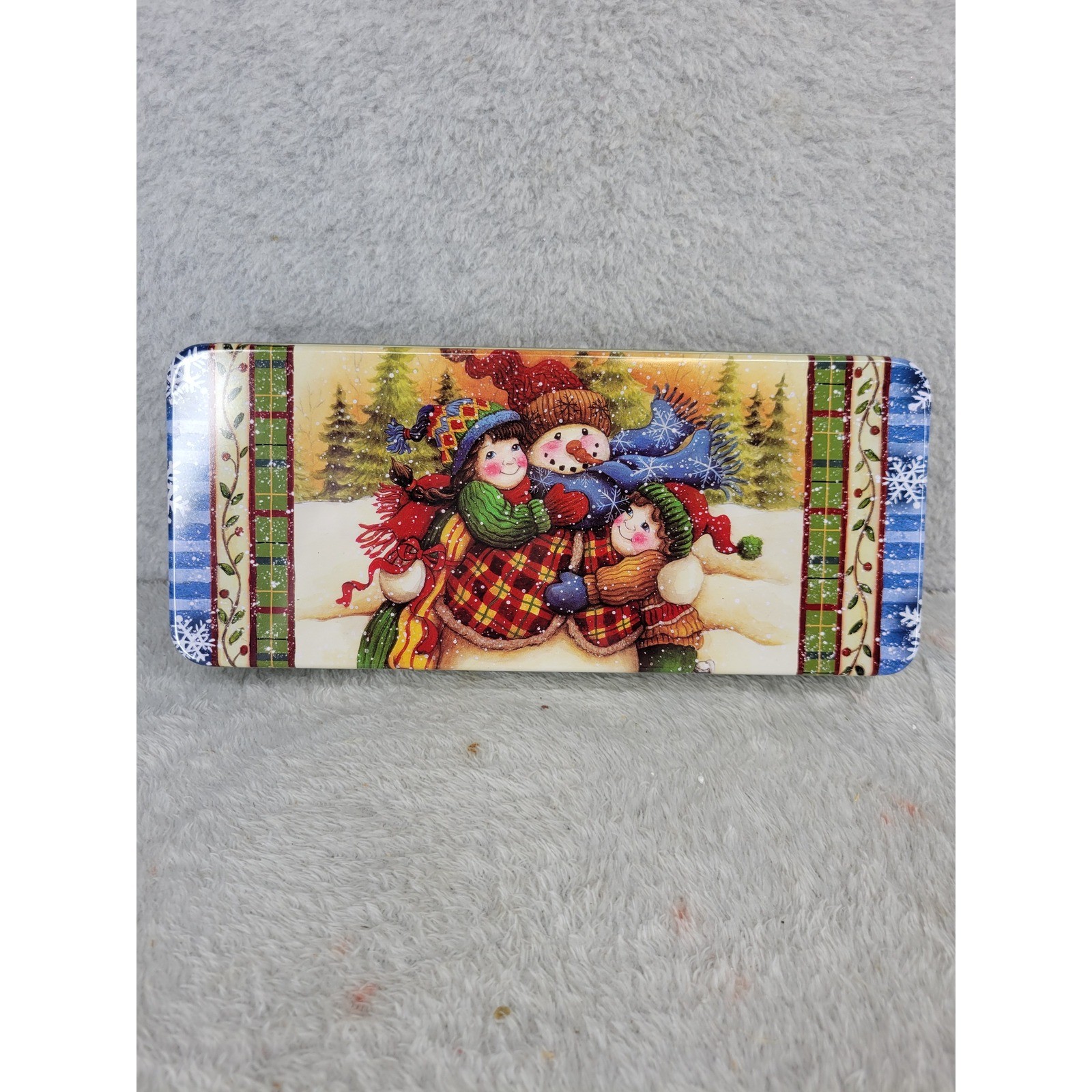 Christmas Snowman Tin Box Storage Container Holiday Winter Scene