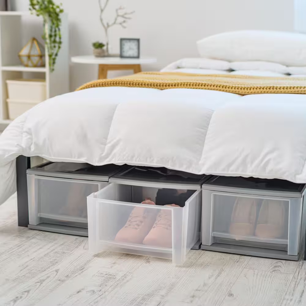 Stackable Storage Drawer 1 Tier Clear Front Gray Plastic Organizer Bin 17.5 qt