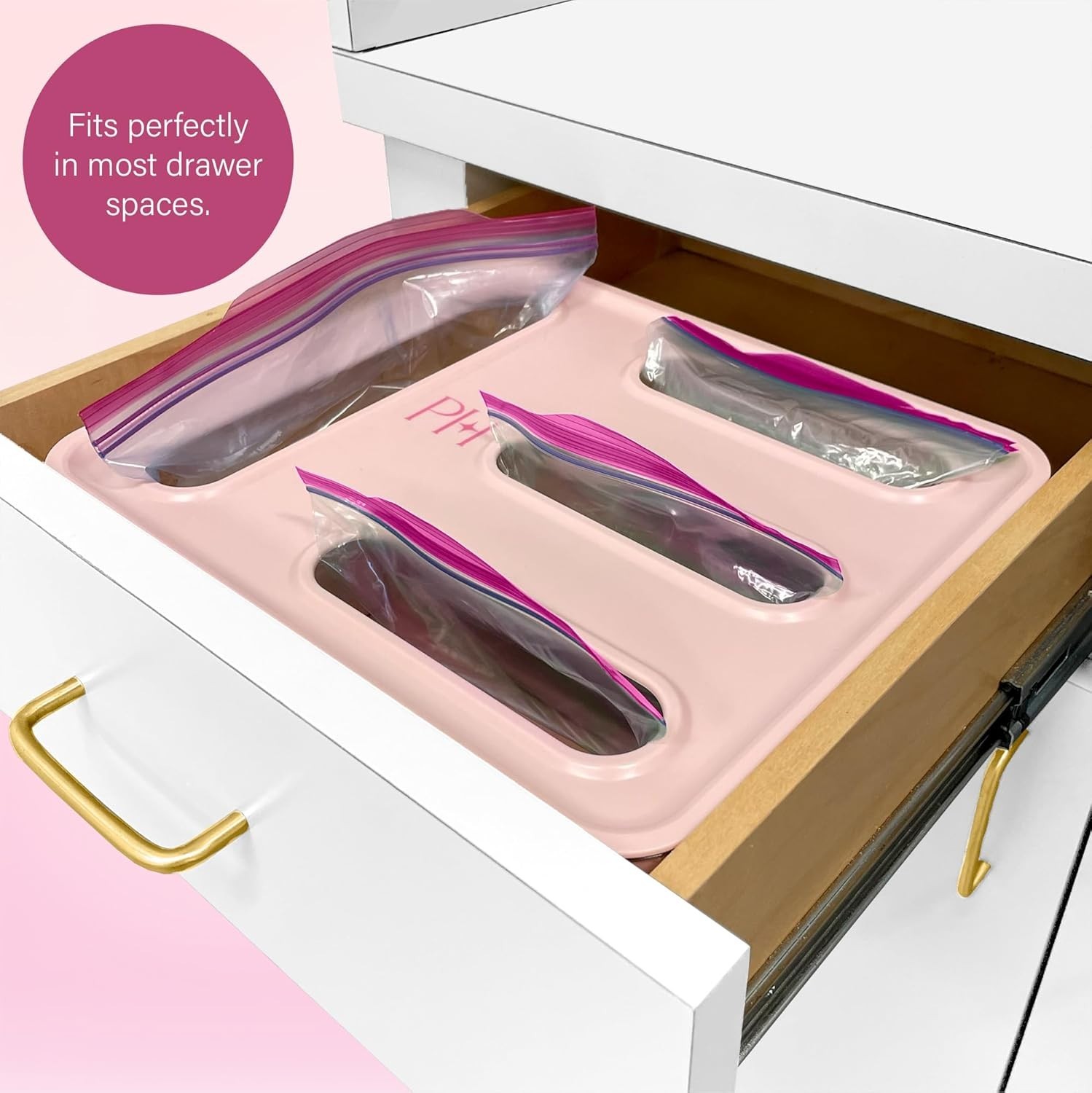 4-Slot Storage Bag Organizer Multipurpose Kitchen Drawer or Wall-Mount, Pink