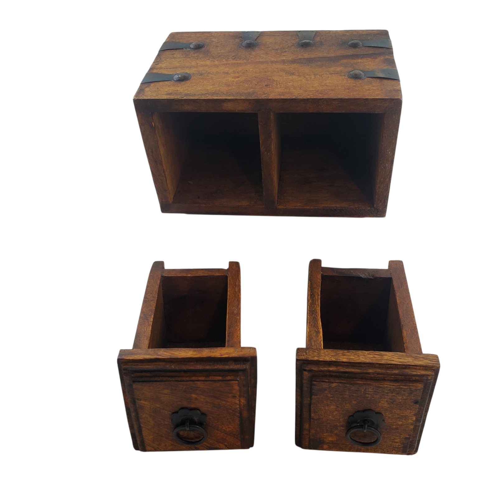 Vintage Wood Apothecary Tea Spice Box Carved Boho Jewelry Box Drawers Handmade