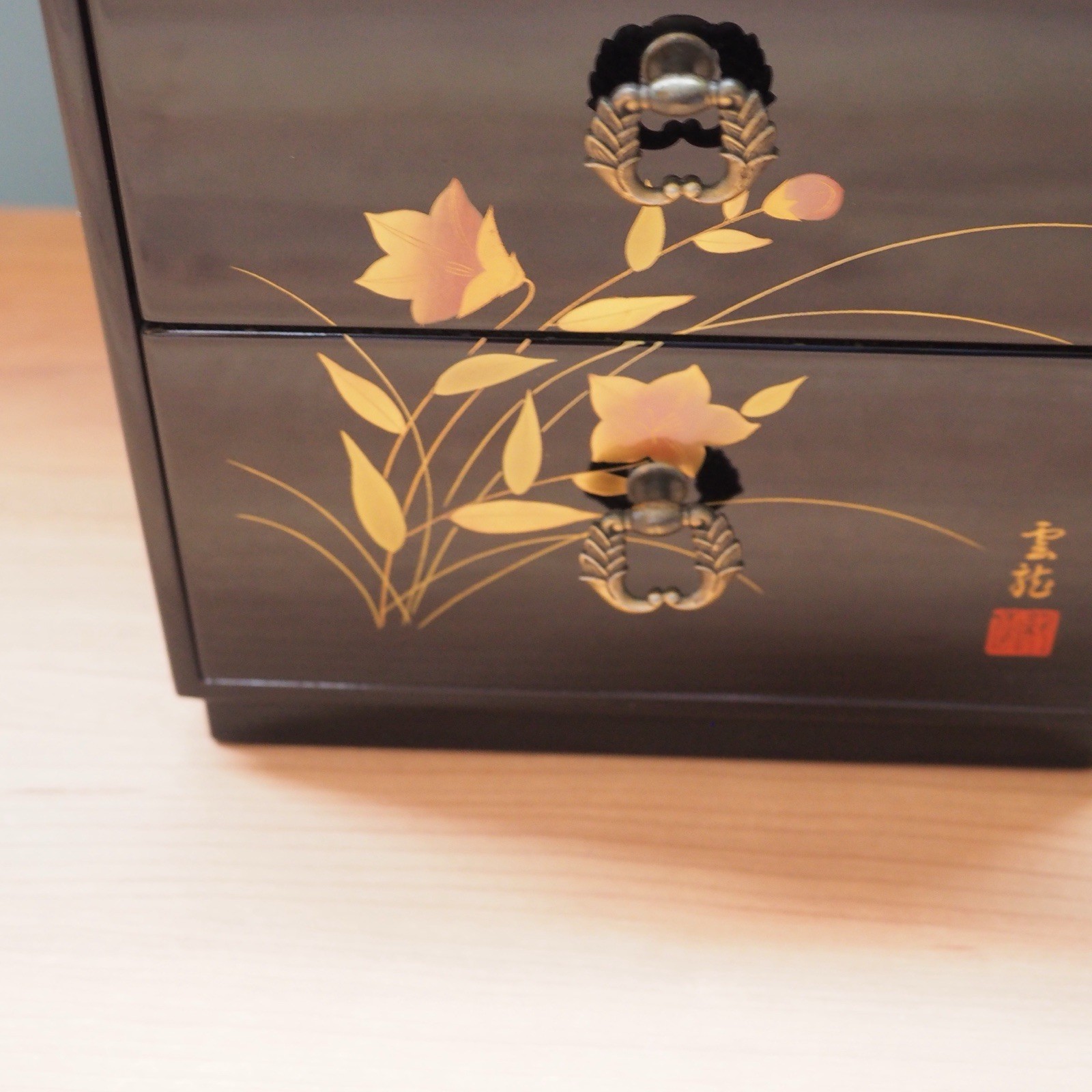 Japanese Shikkou Lacquer Mini Chest Tansu Drawer Gold Flower Floral Jewelry Case