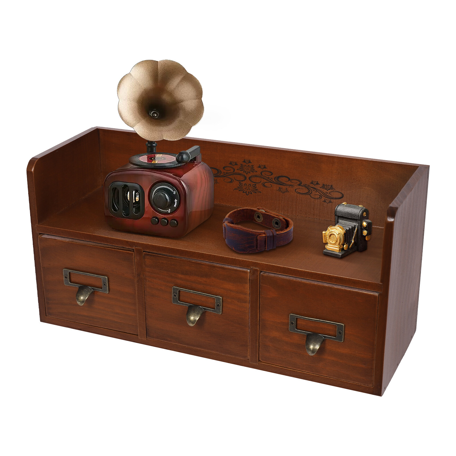 Vintage 3-Drawer Pine Wood Desktop Organizer for Cosmetics and Jewelry