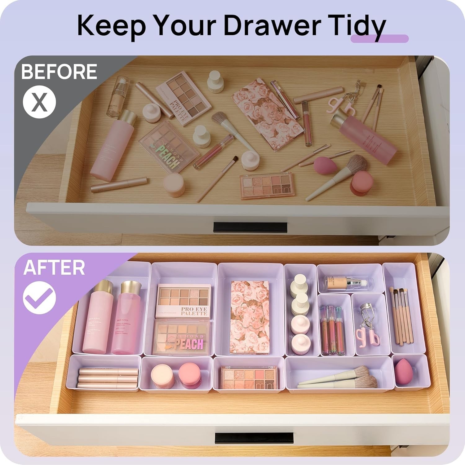 Clear Plastic Drawer Organizers 25pc Set Lilac 4 Size Vanity Makeup Kitchen