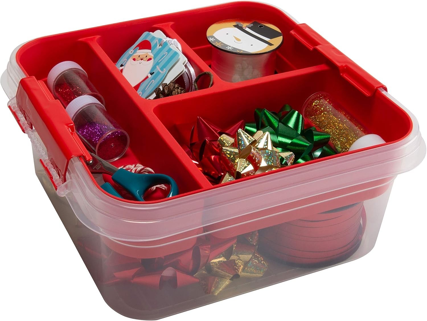 5 Compartment Gift Supply Storage Box | 2 Tier Box | Red | Clear Top Lid | Di…