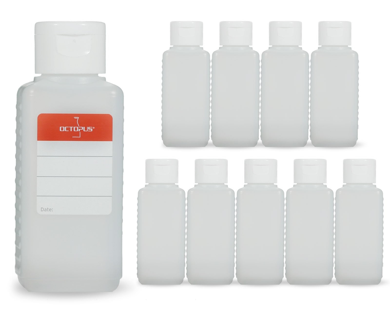 10 dosing bottles of 100 ml made of HDPE with hinged cap White