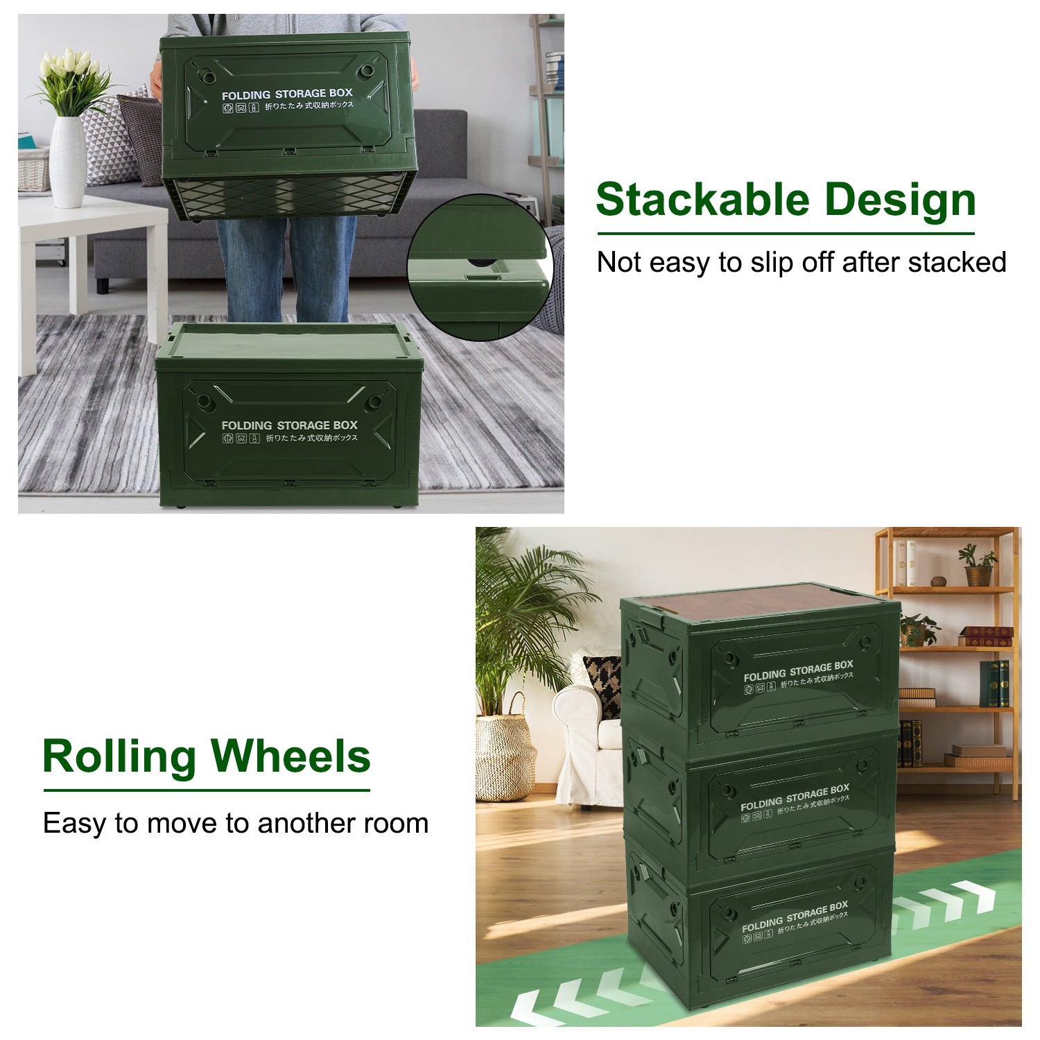 Stackable Storage Bin Collapsible Camping Bin Organizer White/Green Shelf Box US