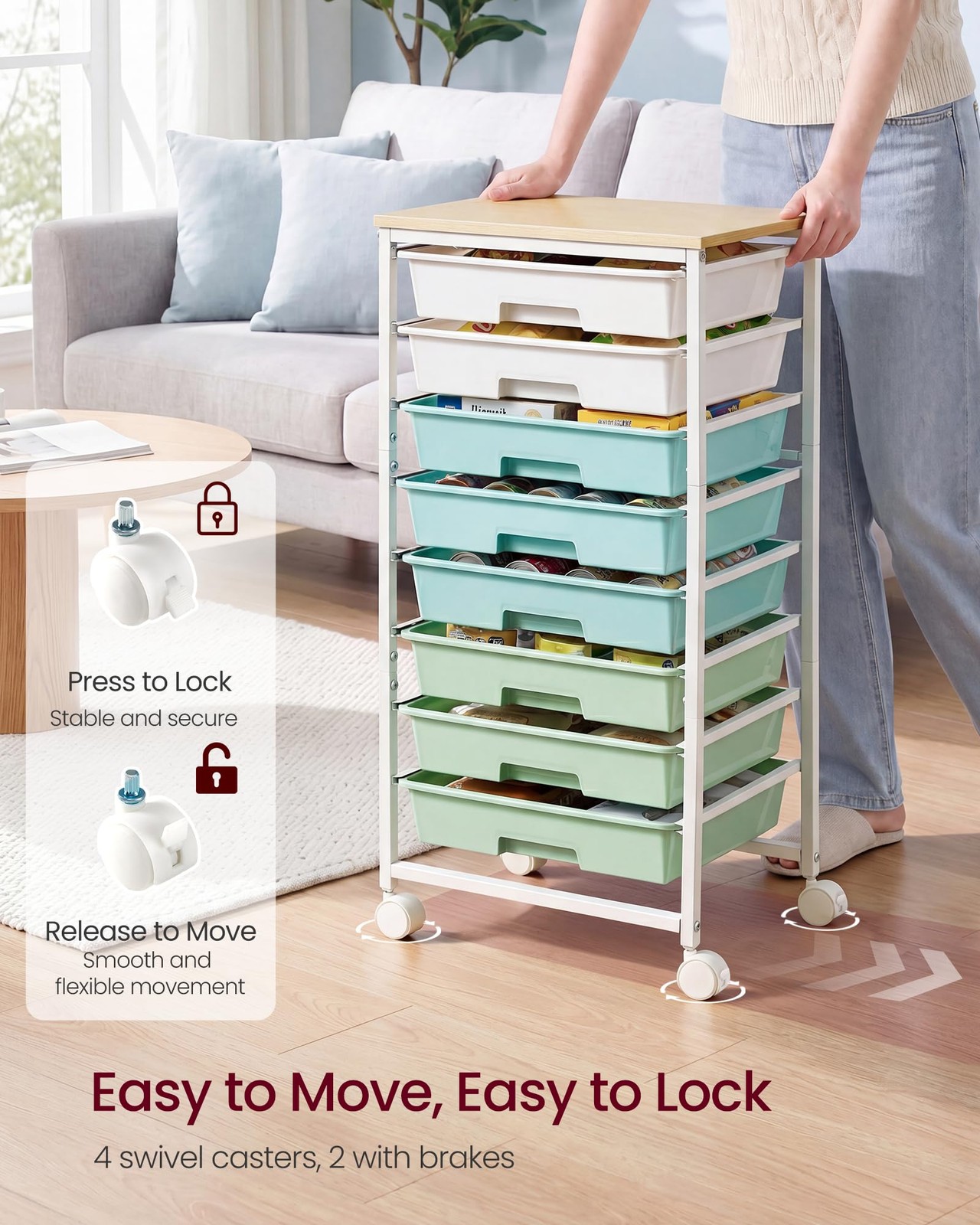 VASAGLE 8-Drawer Rolling Storage Cart, Utility Cart with Wheels and Wood Top,…