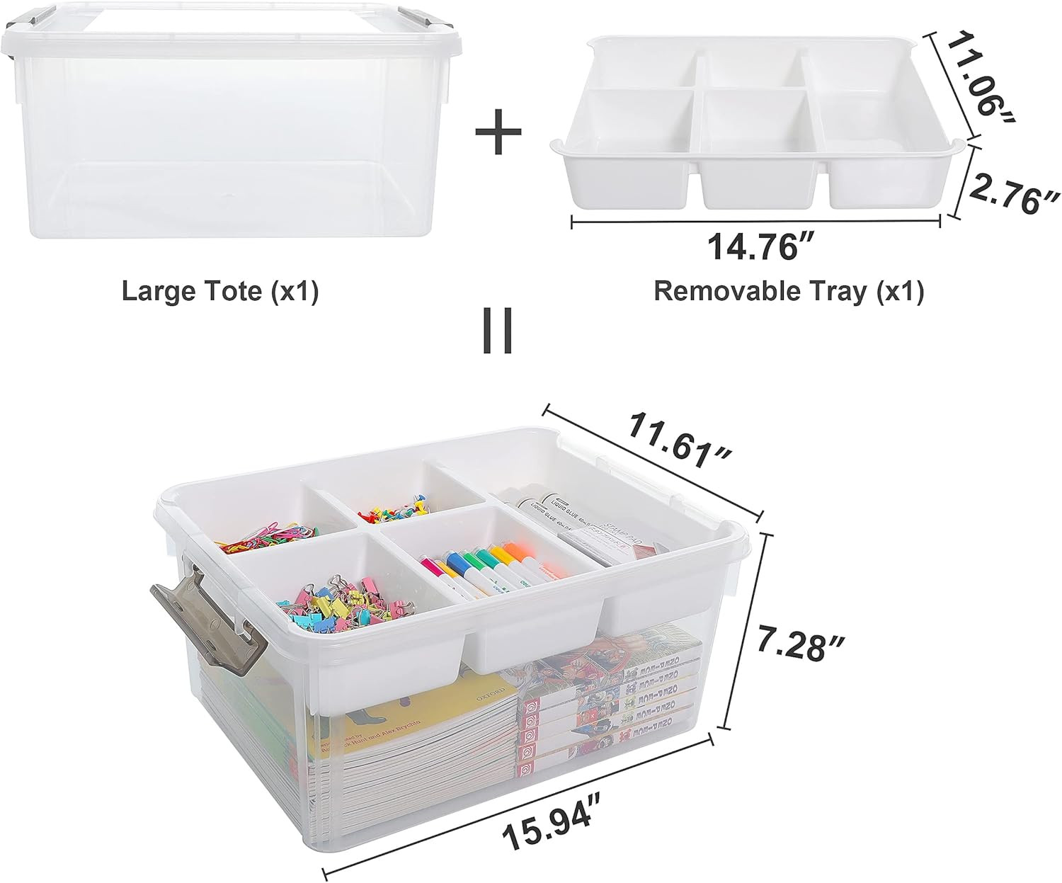17 QT Plastic Storage Box with Removable Tray Craft Organizers and Storage Clear