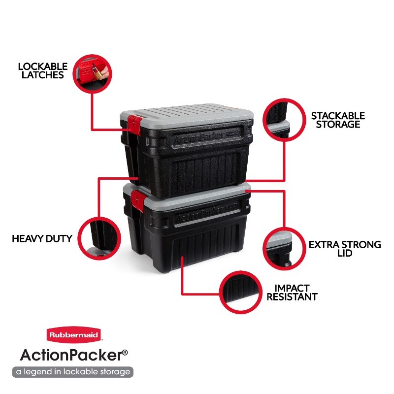 24 Gallon Action Packer Storage Bin, Heavy Duty Plastic, Lockable, Black