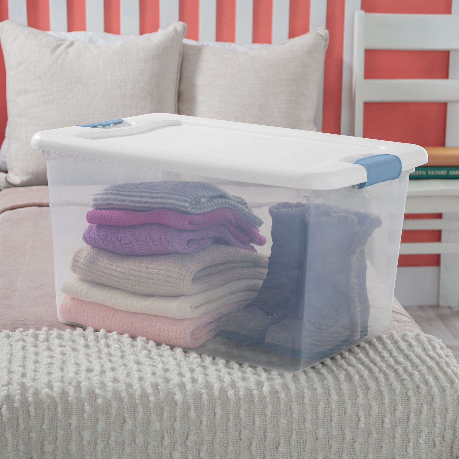 Sterilite 64Qt Latching Box Stackable Storage Container with Lid, White, 12 Pack