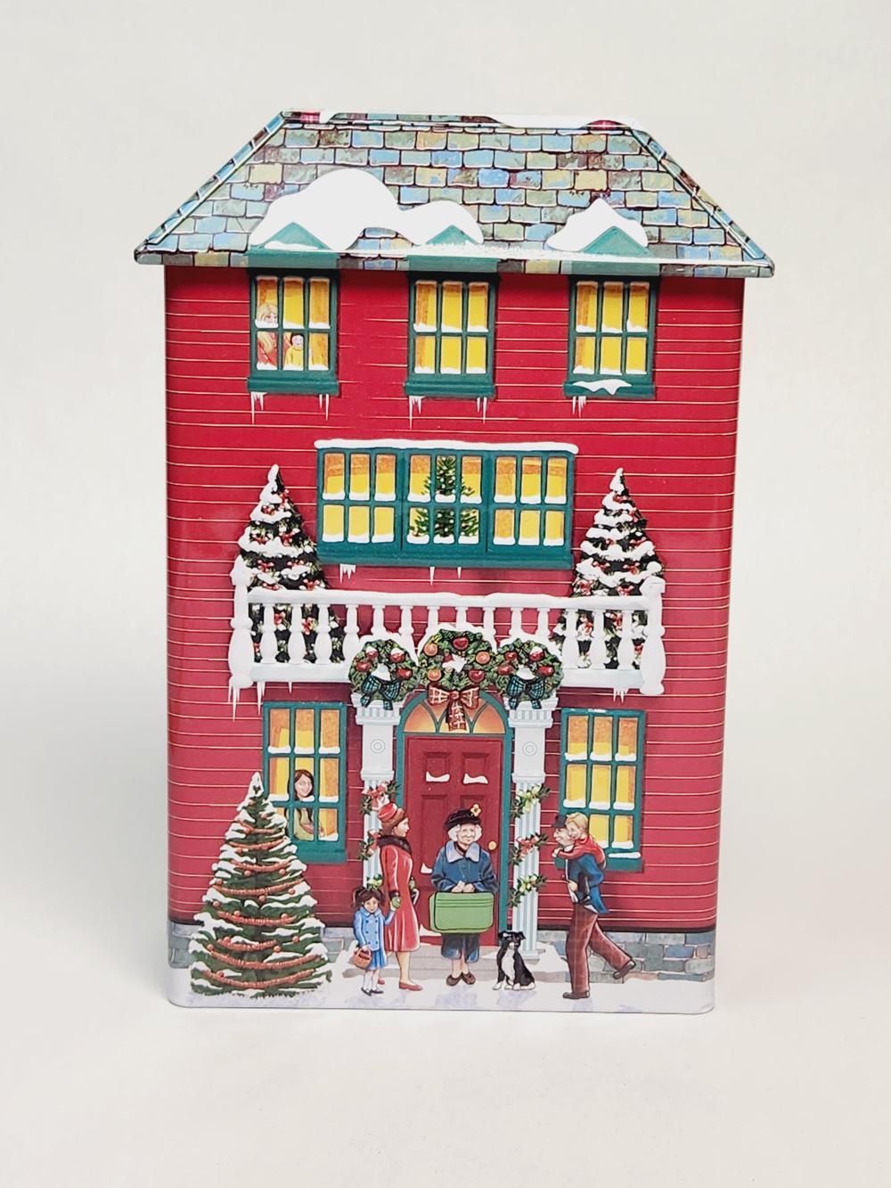 Happy London Christmas Village House Tin Box – ~9 in, Multicolor