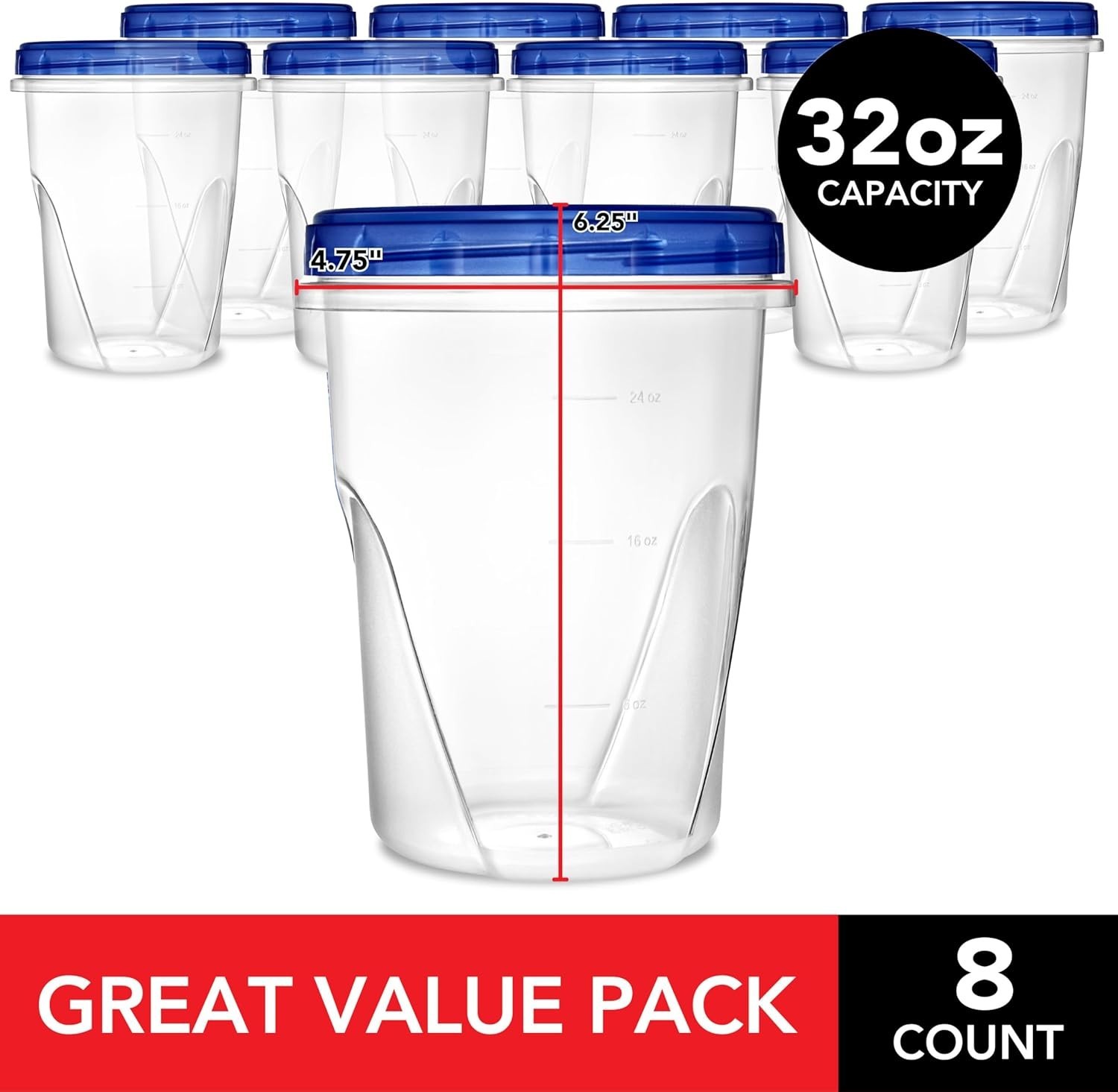 Reusable 32oz Quart Freezer Containers – Microwave & Dishwasher Safe (8 Pack)