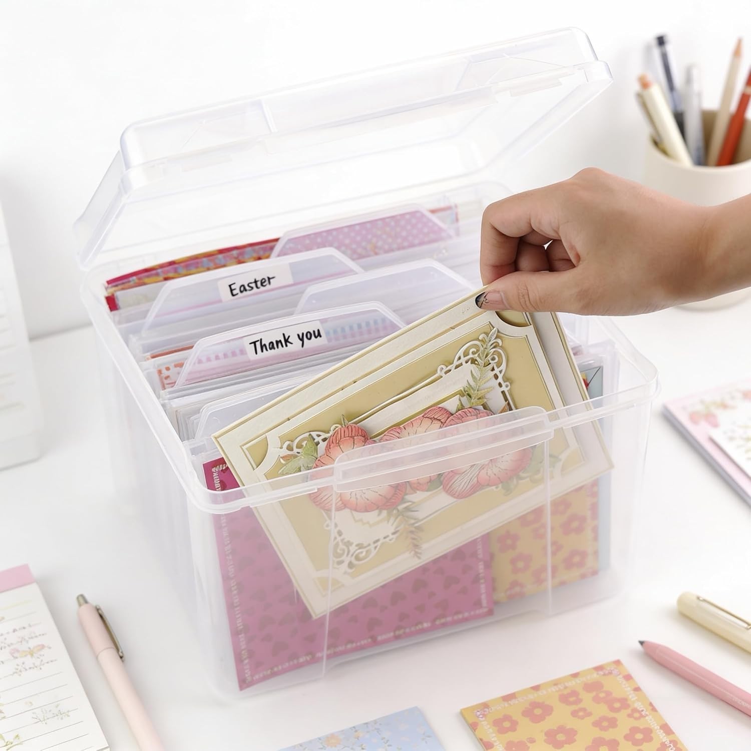Greeting Card Storage & Organizer Box with 6 Removable Dividers for Holiday B…
