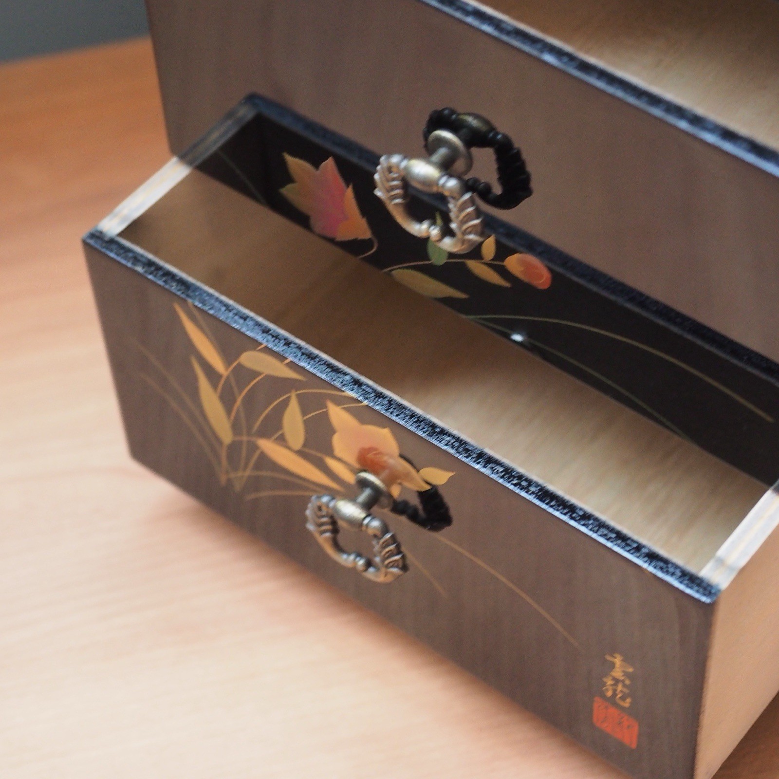 Japanese Shikkou Lacquer Mini Chest Tansu Drawer Gold Flower Floral Jewelry Case