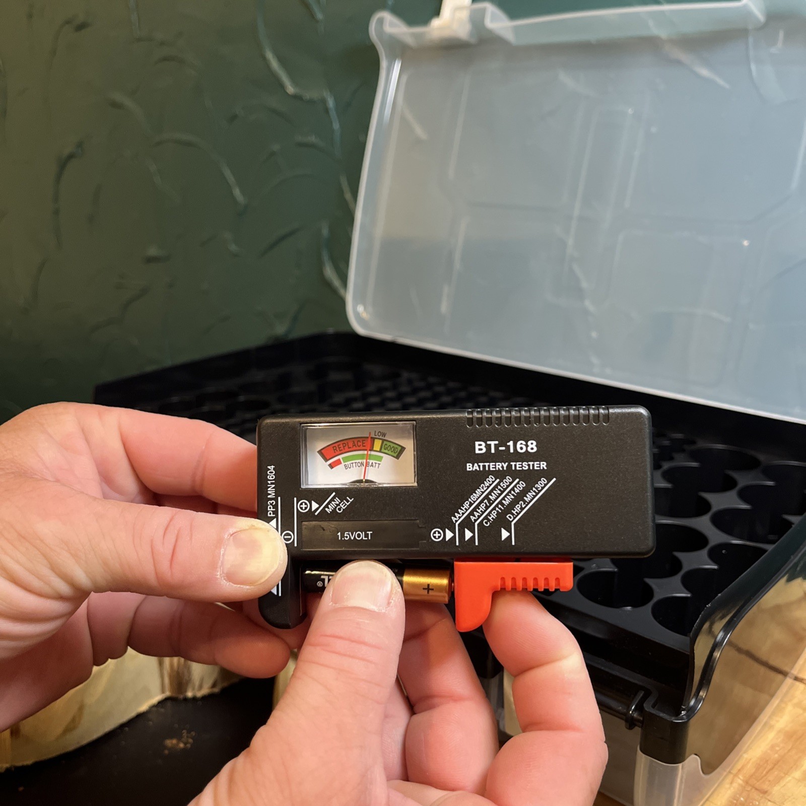 Double Sided Plastic Battery Storage Box With Battery Tester.