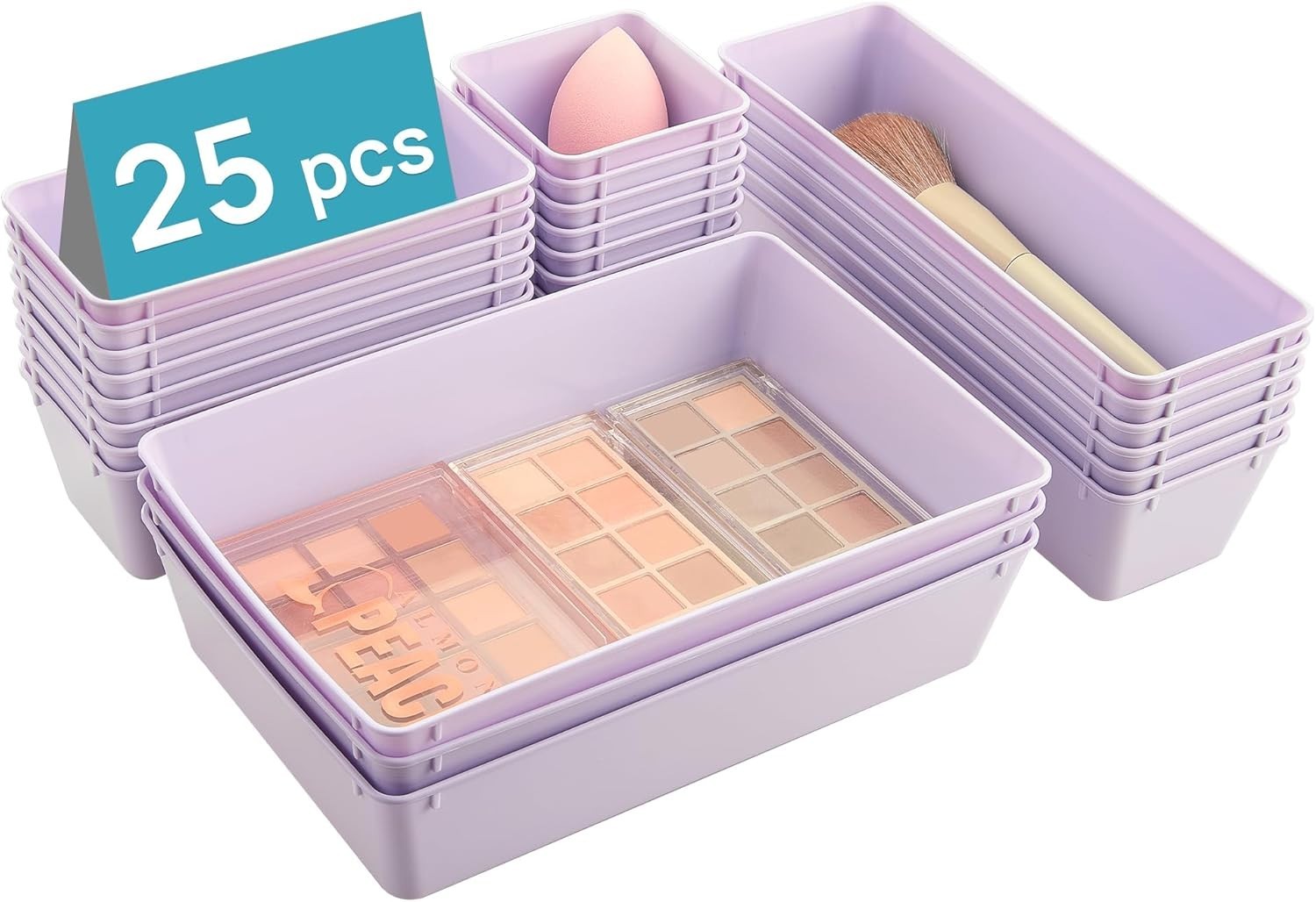 Clear Plastic Drawer Organizers 25pc Set Lilac 4 Size Vanity Makeup Kitchen